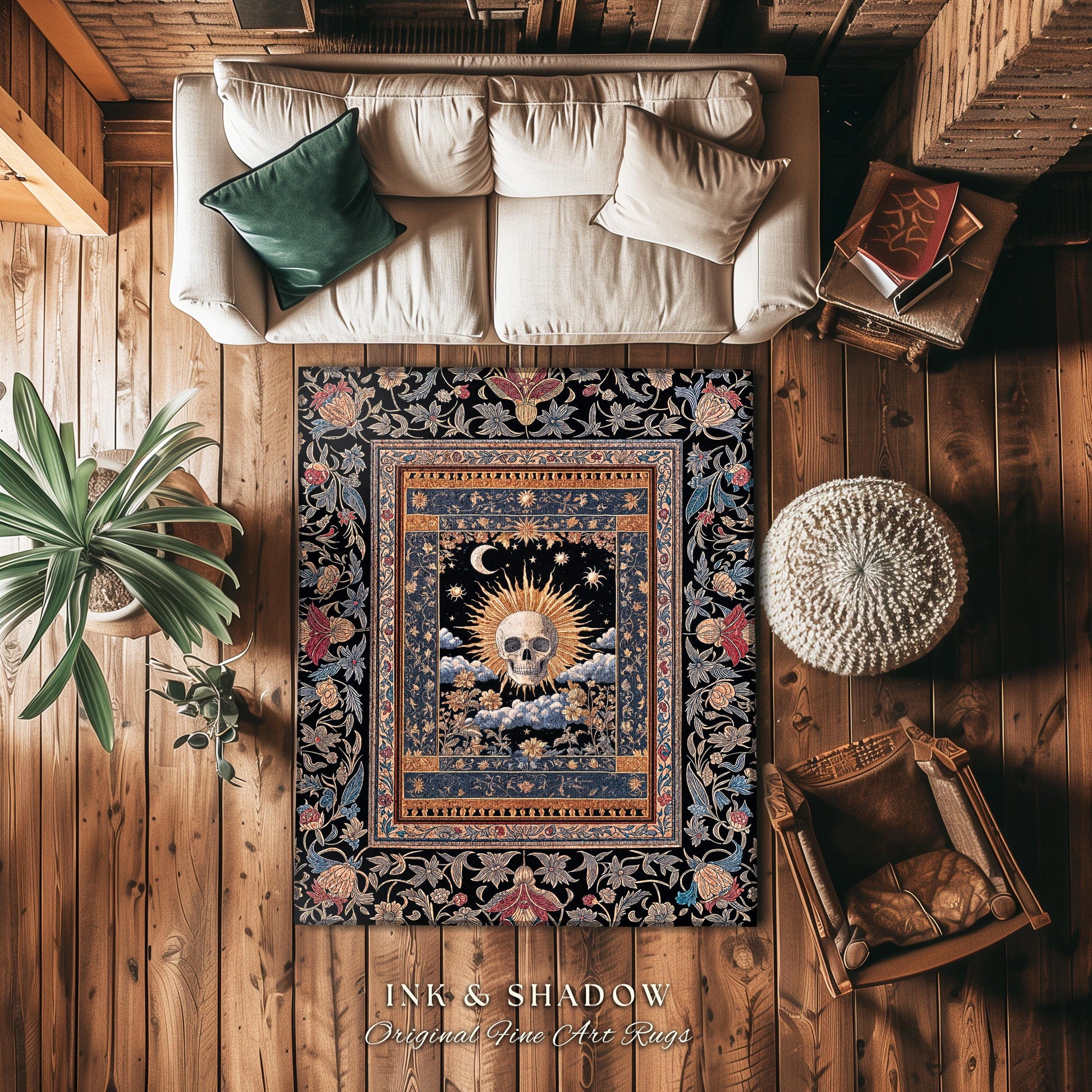 Dark Academia Celestial Skull Area Rug | Skull Witchy Baroque Tarot Aesthetic Gothic Decor Spooky Macabre Halloween Vibes Moon and Stars |