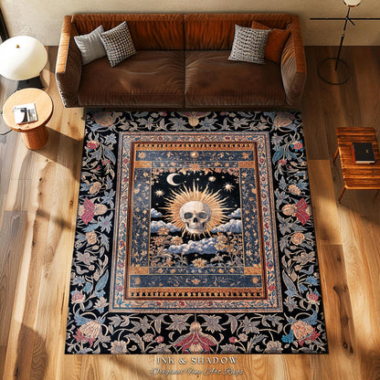 Dark Academia Celestial Skull Area Rug | Skull Witchy Baroque Tarot Aesthetic Gothic Decor Spooky Macabre Halloween Vibes Moon and Stars |