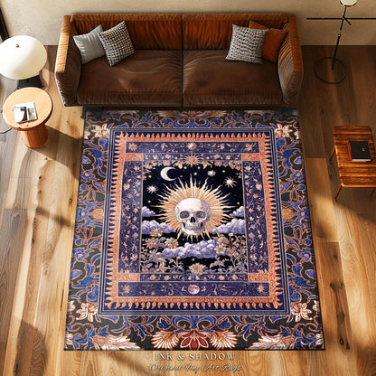 Macabre Witchy Pastel Skull Rug | Gothic Bedroom Skeleton Accent Spooky Aesthetic Dark Enchantment Baroque Whimsigoth Style Decor Celestial