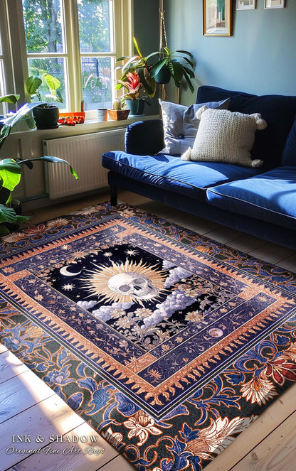 Macabre Witchy Pastel Skull Rug | Gothic Bedroom Skeleton Accent Spooky Aesthetic Dark Enchantment Baroque Whimsigoth Style Decor Celestial