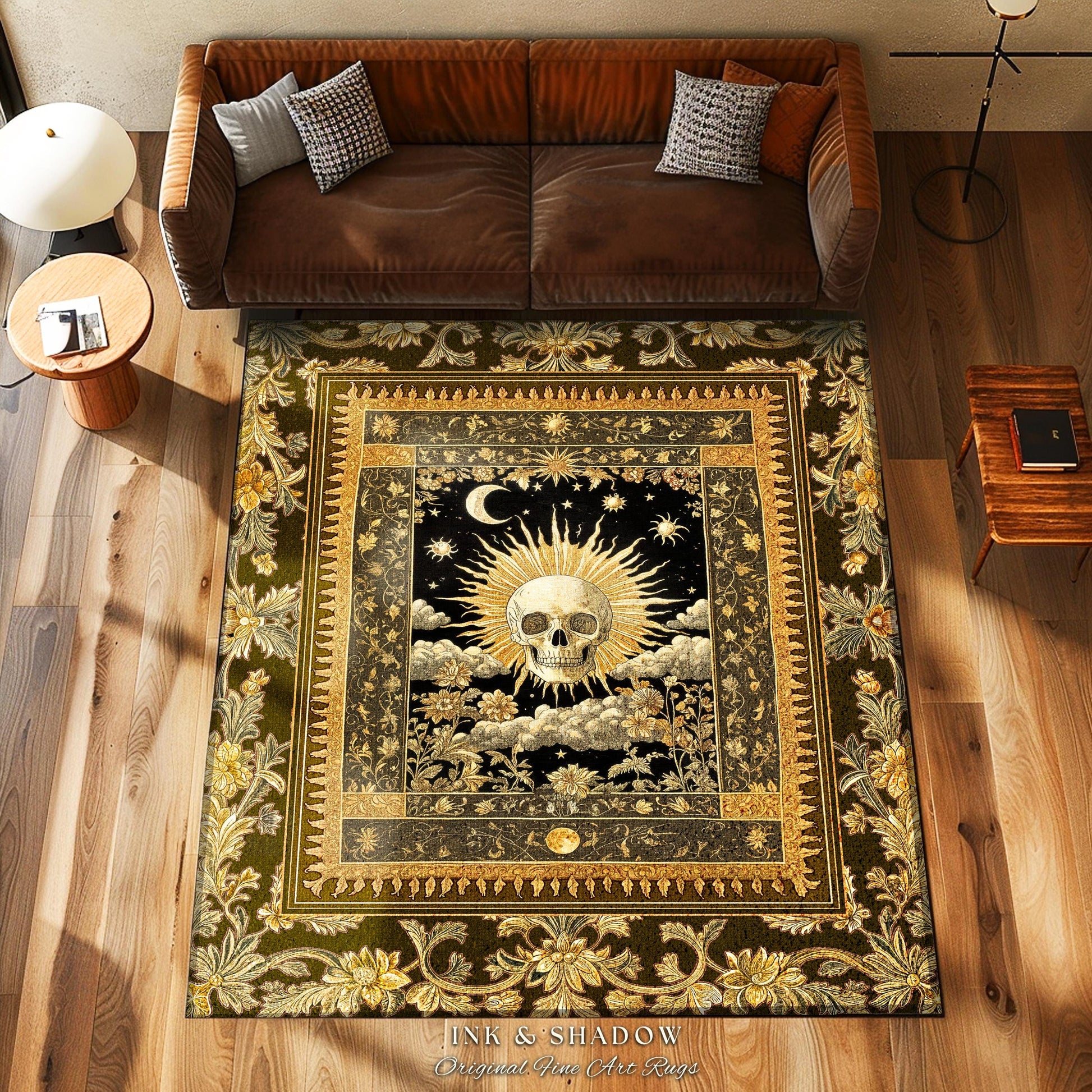 Astrology Aesthetic Skull Accent Rug | Lovers Card Bedroom Macabre Golden Light Whimsigoth Skeleton Decor Vintage Spooky Gothic Maximalist |