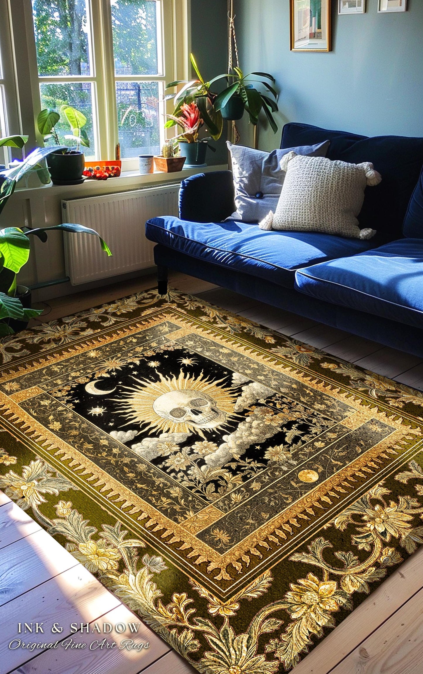 Astrology Aesthetic Skull Accent Rug | Lovers Card Bedroom Macabre Golden Light Whimsigoth Skeleton Decor Vintage Spooky Gothic Maximalist |