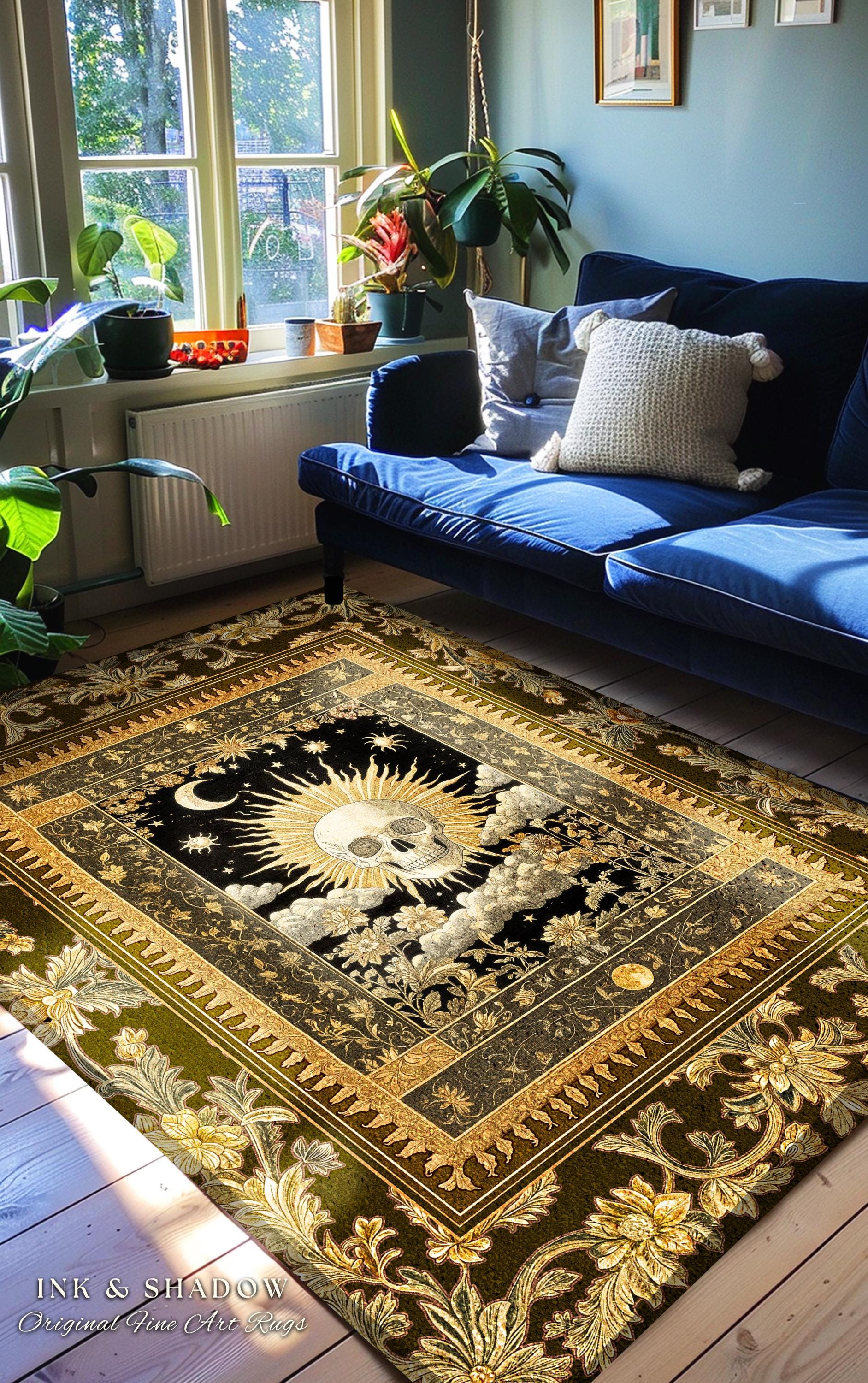 Astrology Aesthetic Skull Accent Rug | Lovers Card Bedroom Macabre Golden Light Whimsigoth Skeleton Decor Vintage Spooky Gothic Maximalist |