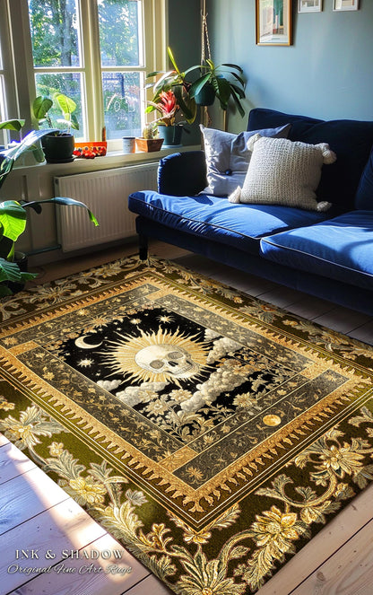 Astrology Aesthetic Skull Accent Rug | Lovers Card Bedroom Macabre Golden Light Whimsigoth Skeleton Decor Vintage Spooky Gothic Maximalist |