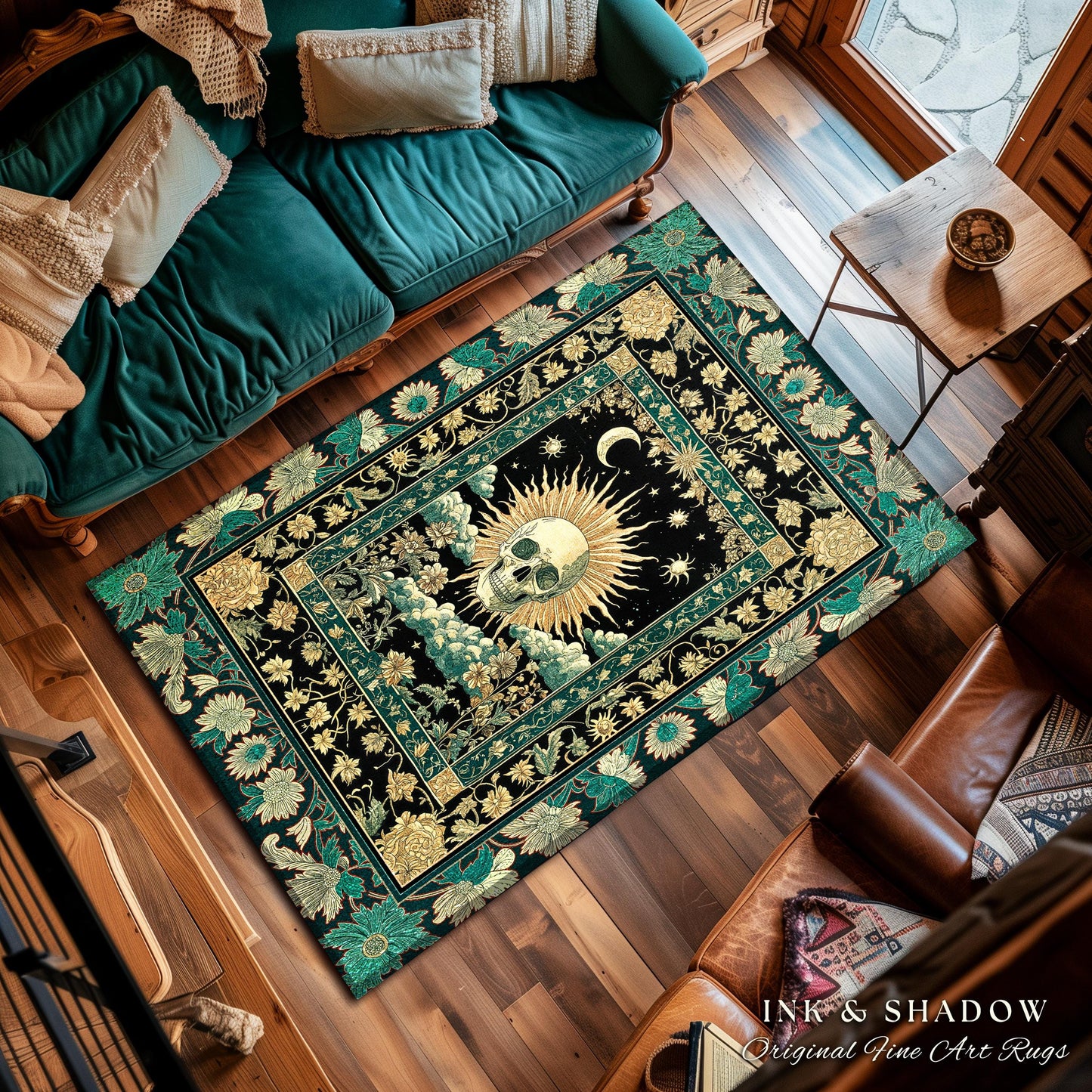Moody Mystic Skull Boho Area Rug | Macabre Gothic Vintage Fall Bedroom Rug Dark Academia Style Spooky Skeleton Whimsigoth Witchy Aesthetic