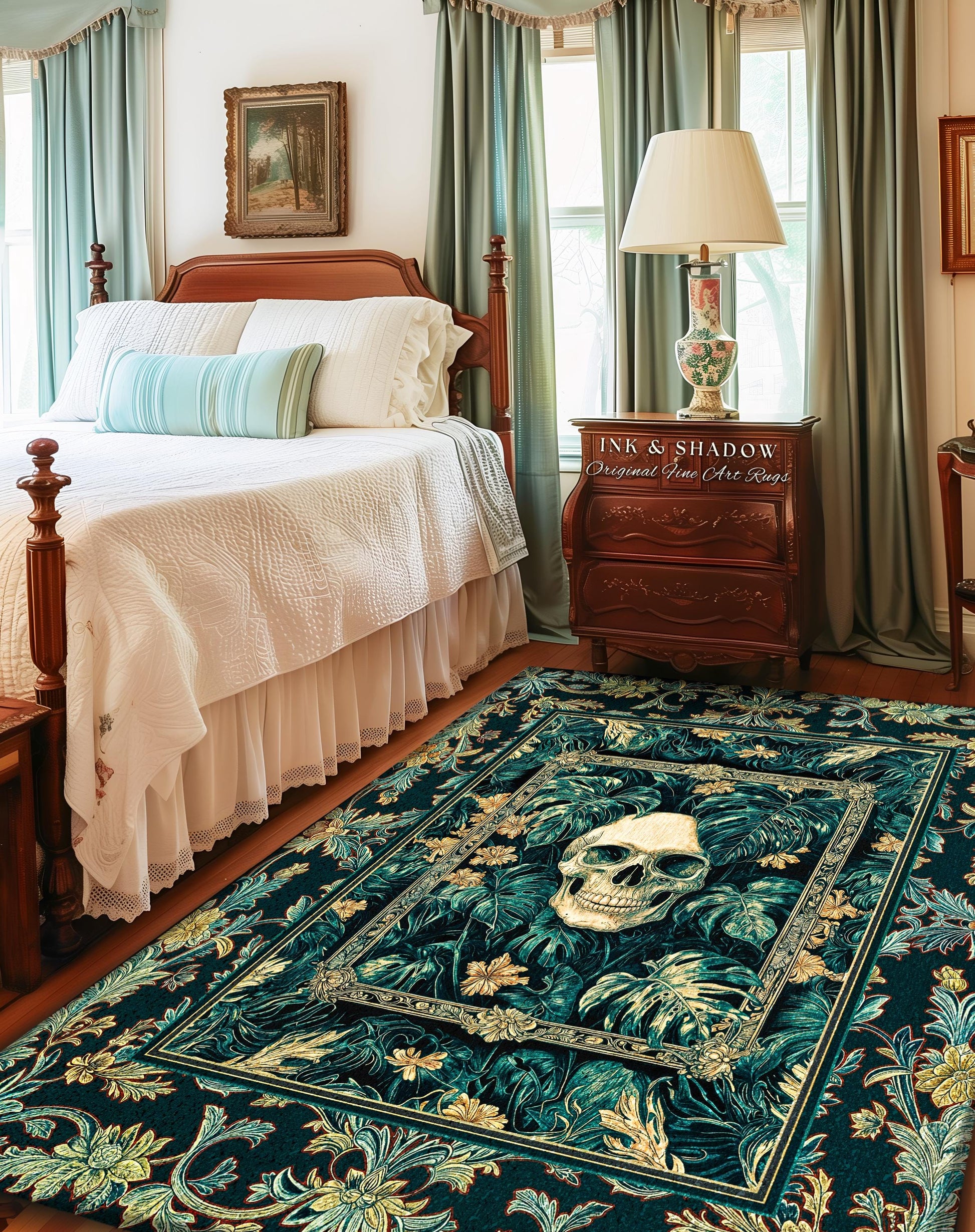 Dark Forest Ethereal Skull Area Rug | Whimsical Academia Bedroom Accent Witchcore Halloween Decor Reading Room Fall Vibes Macabre Aesthetic