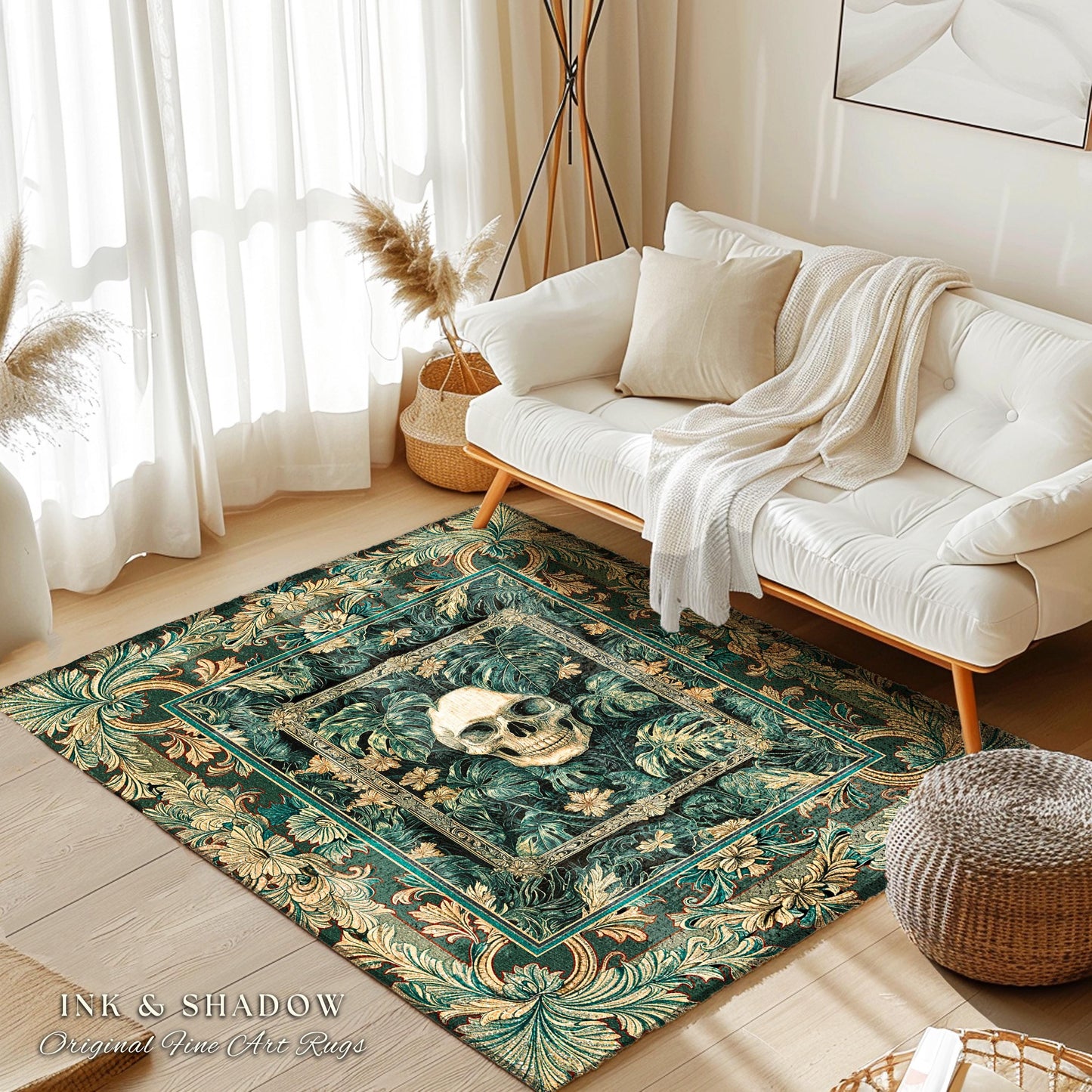 Ornate Baroque Halloween Skull Accent | Goth Aesthetic Fall Decor Spooky Skeleton Area Rug Macabre Retro Witchy Style Bedroom Decor Greenery