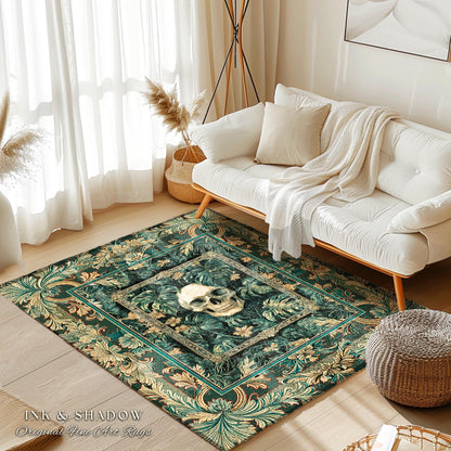 Ornate Baroque Halloween Skull Accent | Goth Aesthetic Fall Decor Spooky Skeleton Area Rug Macabre Retro Witchy Style Bedroom Decor Greenery