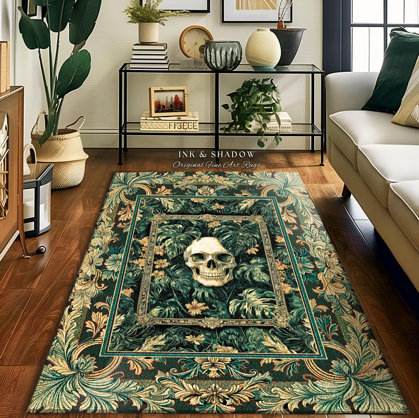 Ornate Baroque Halloween Skull Accent | Goth Aesthetic Fall Decor Spooky Skeleton Area Rug Macabre Retro Witchy Style Bedroom Decor Greenery