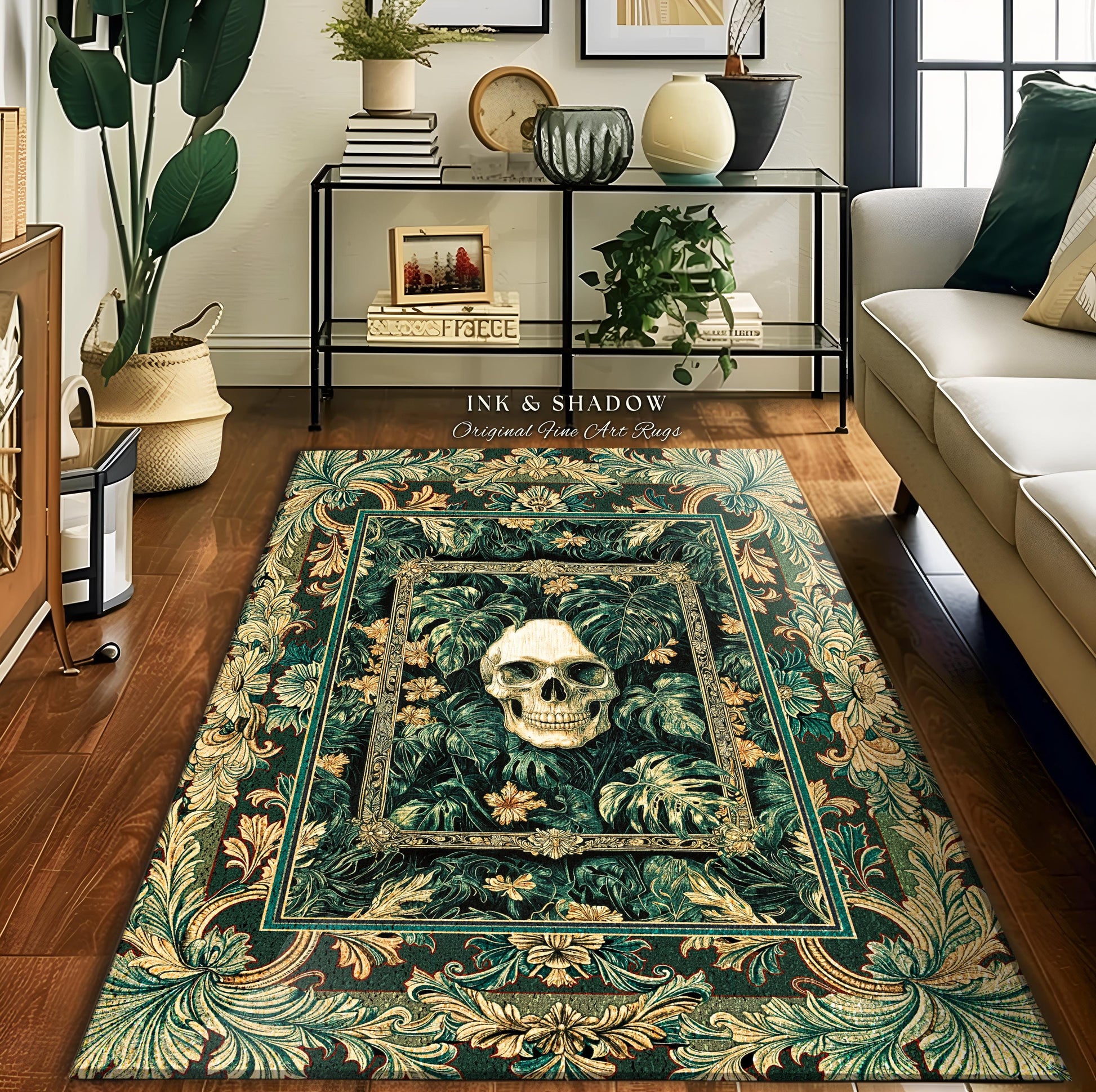 Ornate Baroque Halloween Skull Accent | Goth Aesthetic Fall Decor Spooky Skeleton Area Rug Macabre Retro Witchy Style Bedroom Decor Greenery