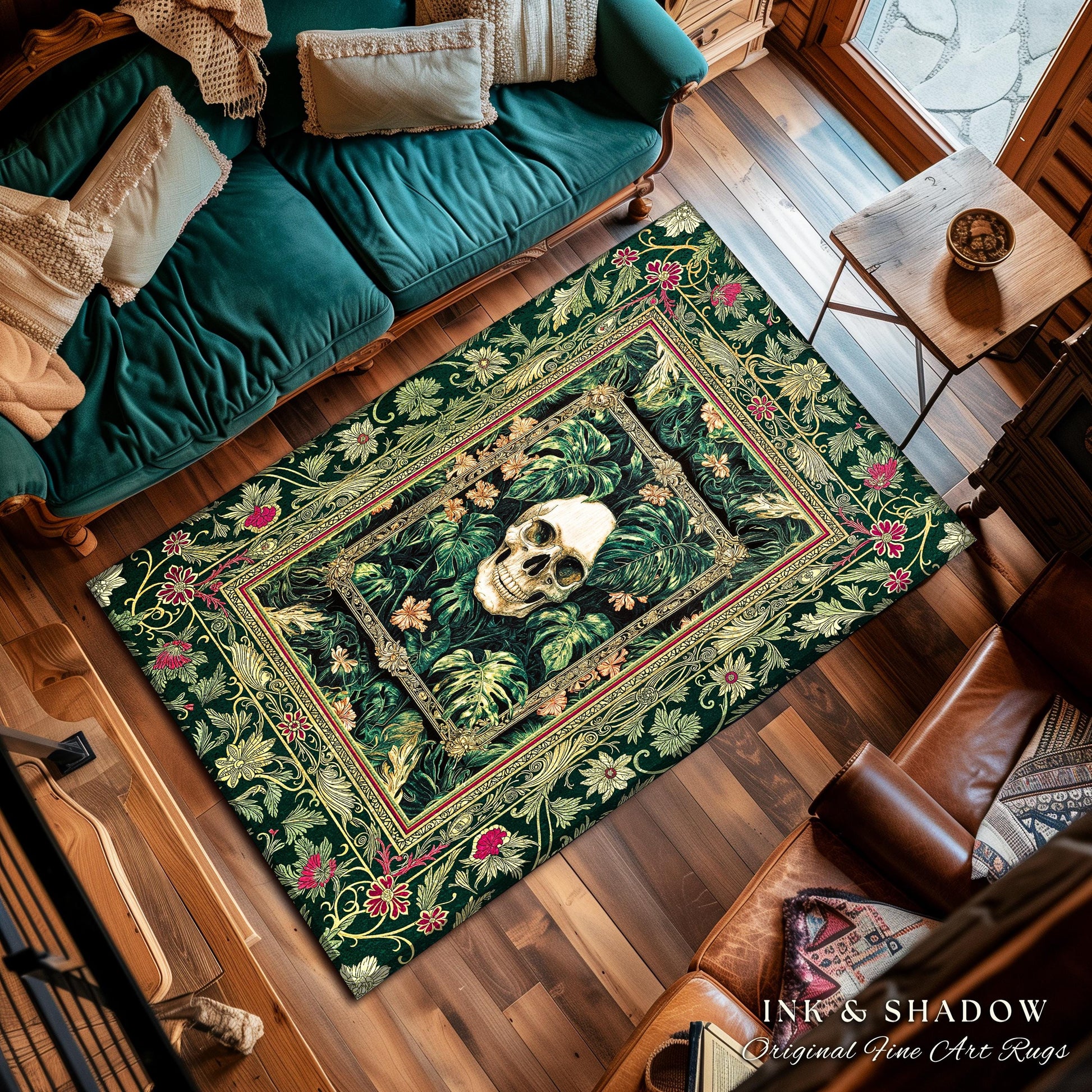 Botanical Gothic Macabre Skull Rug | Baroque Goth Decor Spooky Fall Aesthetic Dark Academia Bedroom Accent Rug Skeleton Halloween Witchy Art