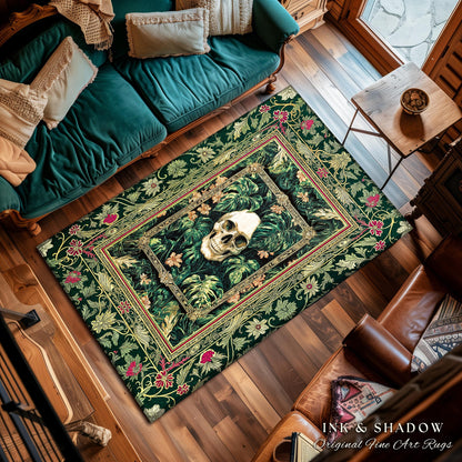 Botanical Gothic Macabre Skull Rug | Baroque Goth Decor Spooky Fall Aesthetic Dark Academia Bedroom Accent Rug Skeleton Halloween Witchy Art
