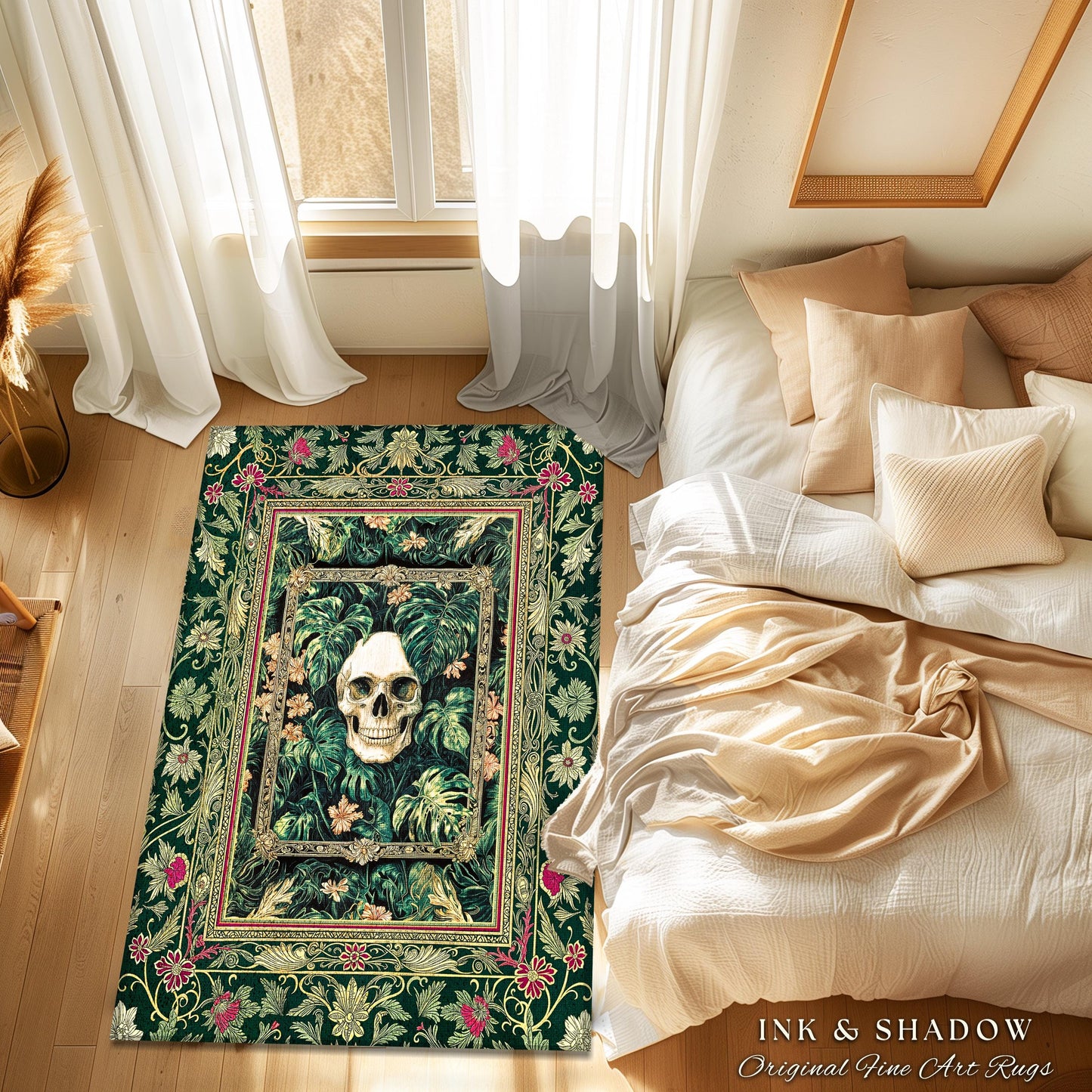 Botanical Gothic Macabre Skull Rug | Baroque Goth Decor Spooky Fall Aesthetic Dark Academia Bedroom Accent Rug Skeleton Halloween Witchy Art