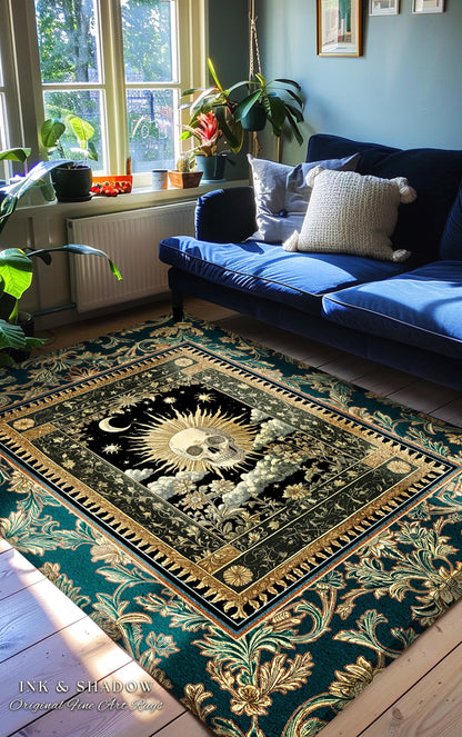 Bewitched Skeleton Witchy Area Rug | Retro Skull Bedroom Accent Macabre Decor Fall Witch Vibe Book Nook Whimsigoth Baroque Spooky Style |