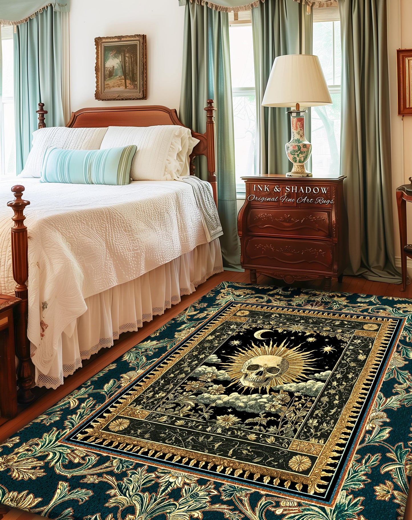 Bewitched Skeleton Witchy Area Rug | Retro Skull Bedroom Accent Macabre Decor Fall Witch Vibe Book Nook Whimsigoth Baroque Spooky Style |