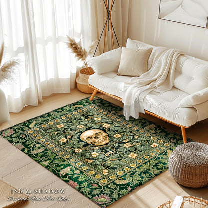 Macabre Garden Skull Area Rug | Botanical Gothic Aesthetic Skeleton Bedroom Floor Accent Spooky Season Decor Witchy Vibes Dark Academia Goth