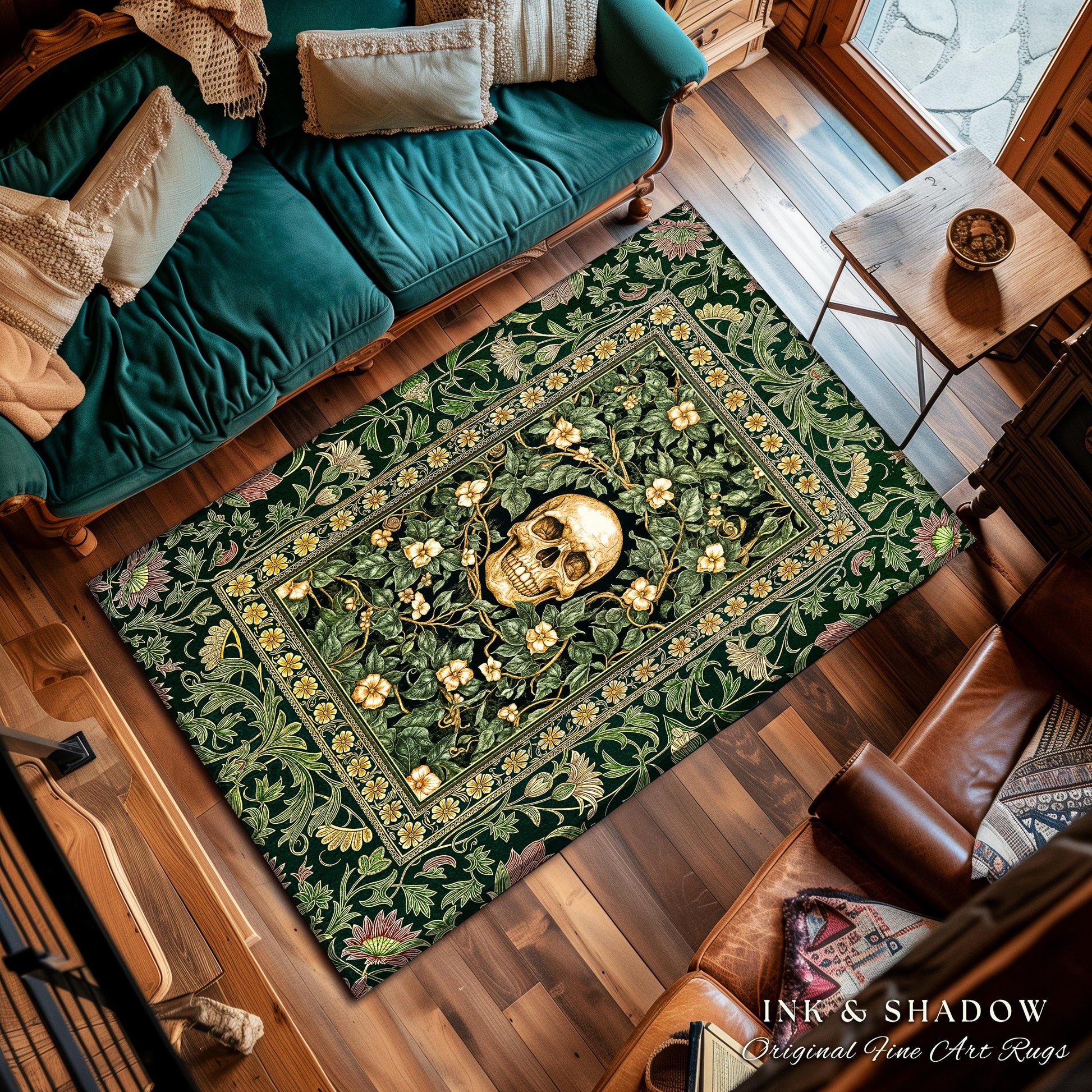 Macabre Garden Skull Area Rug | Botanical Gothic Aesthetic Skeleton Bedroom Floor Accent Spooky Season Decor Witchy Vibes Dark Academia Goth