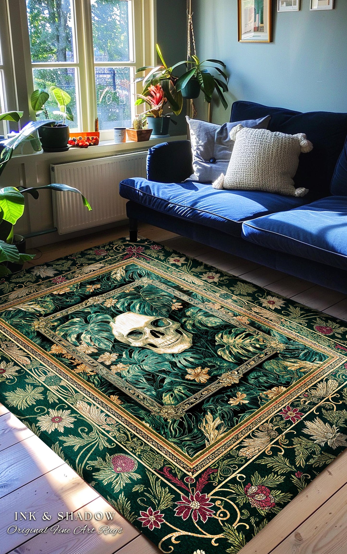 Witchy Forestcore Skull Accent Rug | Whimsigothic Forest Green Bedroom Floor Decor Ethereal Baroque Style Dark Academia Aesthetic Emerald |