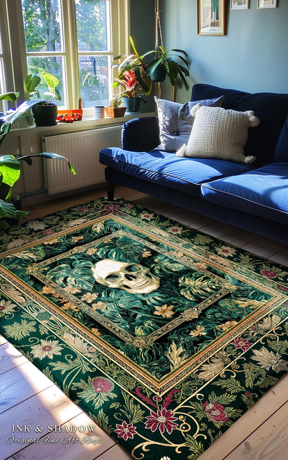 Witchy Forestcore Skull Accent Rug | Whimsigothic Forest Green Bedroom Floor Decor Ethereal Baroque Style Dark Academia Aesthetic Emerald |