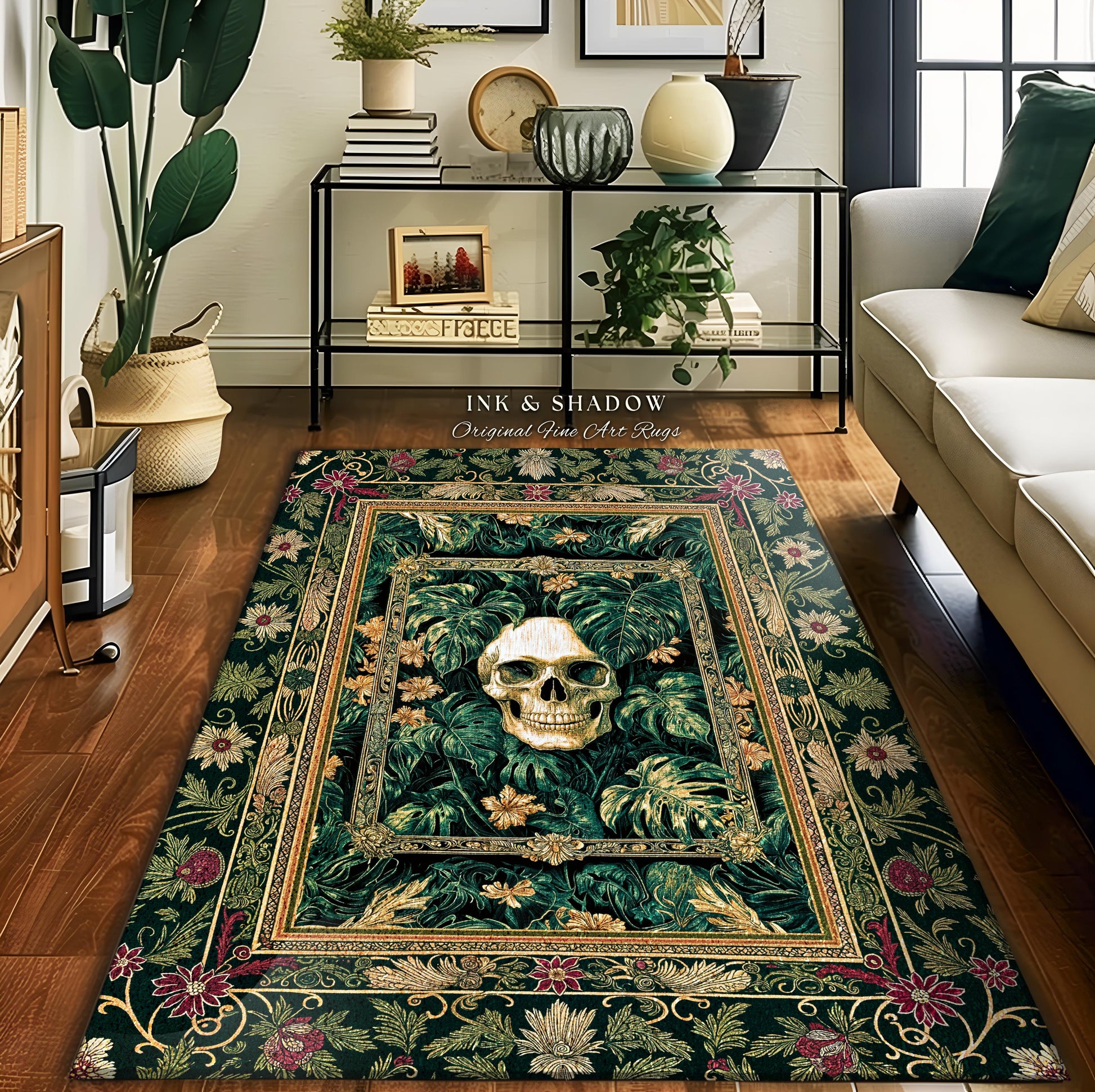 Witchy Forestcore Skull Accent Rug | Whimsigothic Forest Green Bedroom Floor Decor Ethereal Baroque Style Dark Academia Aesthetic Emerald |
