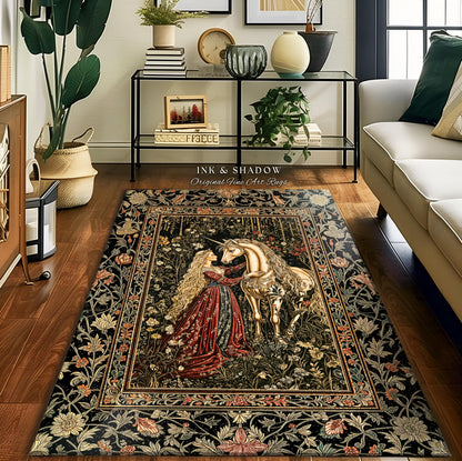 Romantic Fairytale Unicorn Area Rug | Regency Dark Cottagecore Coquette Home Decor Accent Dreamy Rococo Bedroom Storybook Gothic Style Decor