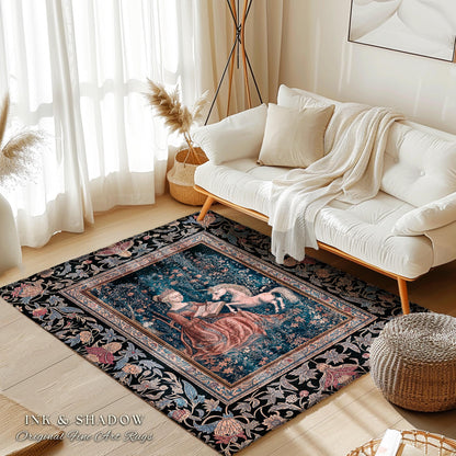 Fairytale Unicorn Victorian Accent Rug | Storybook Dark Academia Decor Fairytale Princess Rococo Area Rug Romantic Cottage Aesthetic Decor