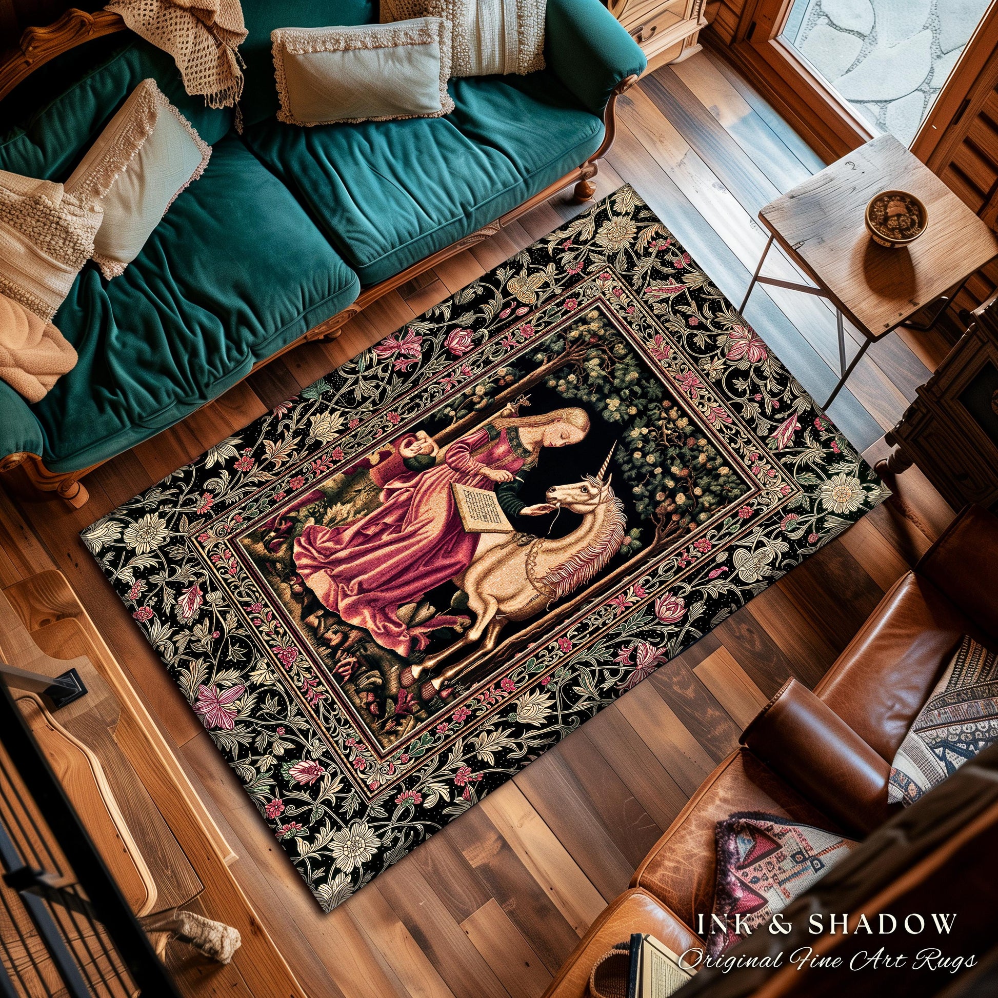 Cozy Storybook Reading Room Rug | Medieval Bedroom Unicorn Cottagecore Dark Academia Decor Fairytale Princess Rococo Area Rug Home Accent |