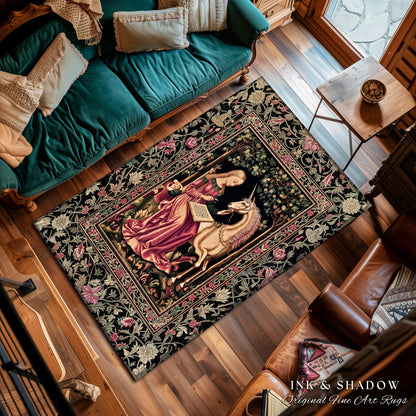 Cozy Storybook Reading Room Rug | Medieval Bedroom Unicorn Cottagecore Dark Academia Decor Fairytale Princess Rococo Area Rug Home Accent |