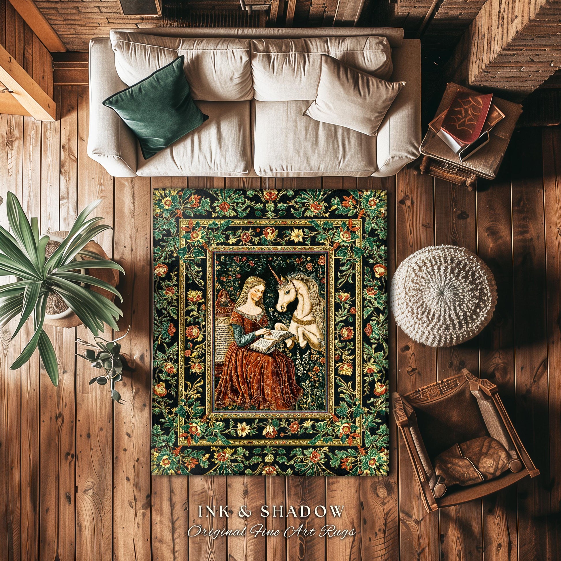 Romantic Cottagecore Maximalist Area Rug | Fairytale Home Accent Gothic Princesscore Bedroom Decor Ethereal Medieval Fantasy Theme Unicorn |