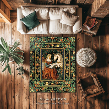 Romantic Cottagecore Maximalist Area Rug | Fairytale Home Accent Gothic Princesscore Bedroom Decor Ethereal Medieval Fantasy Theme Unicorn |