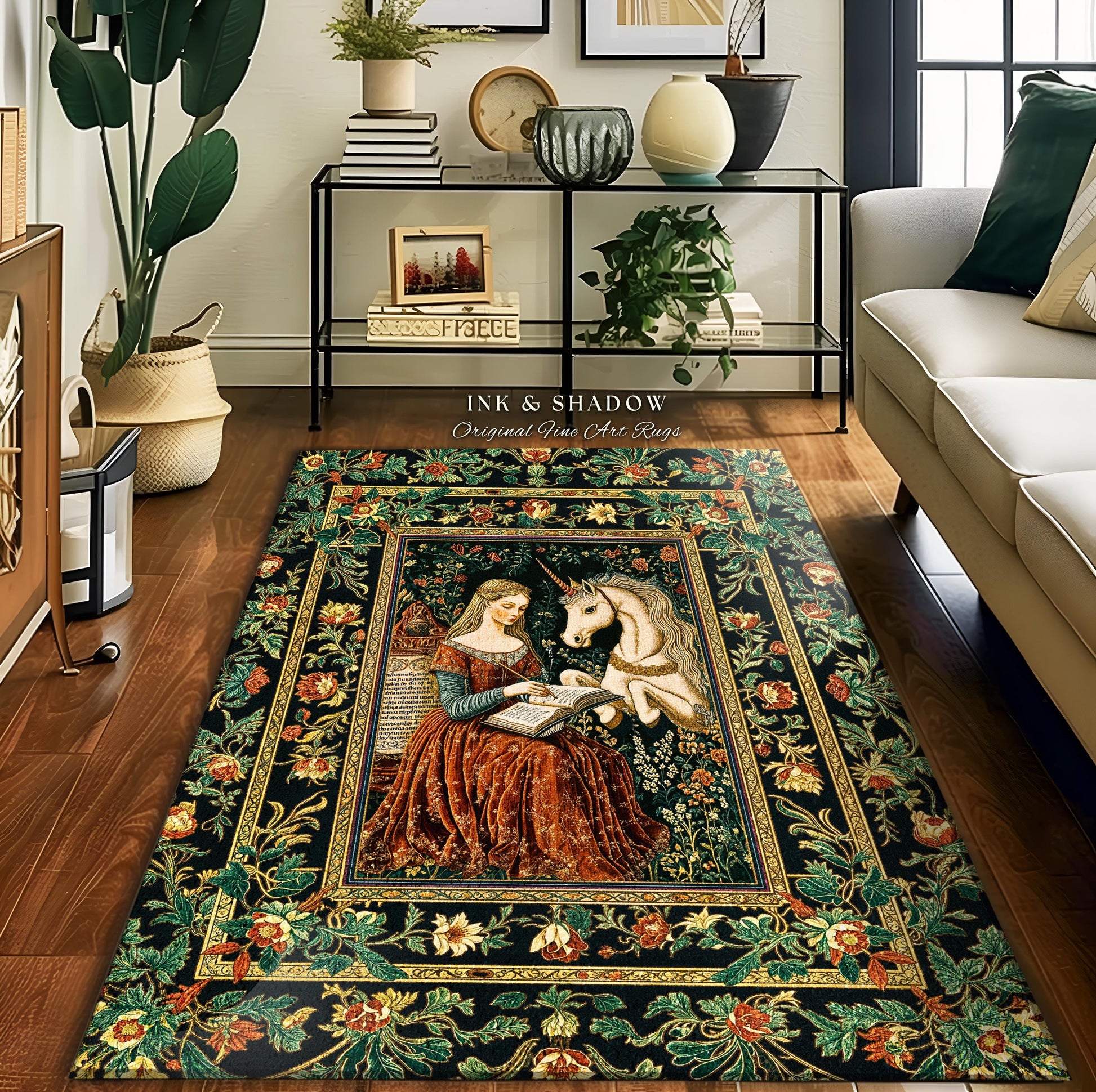 Romantic Cottagecore Maximalist Area Rug | Fairytale Home Accent Gothic Princesscore Bedroom Decor Ethereal Medieval Fantasy Theme Unicorn |