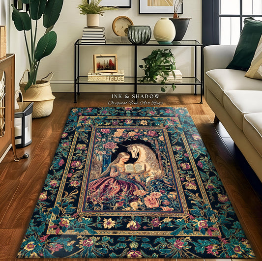 Floral Pastel Medieval Reading Room Rug | Coquette Bedroom Whimsical Rococo Unicorn Fairytale Home Accent Romantic Princesscore Decor Regal