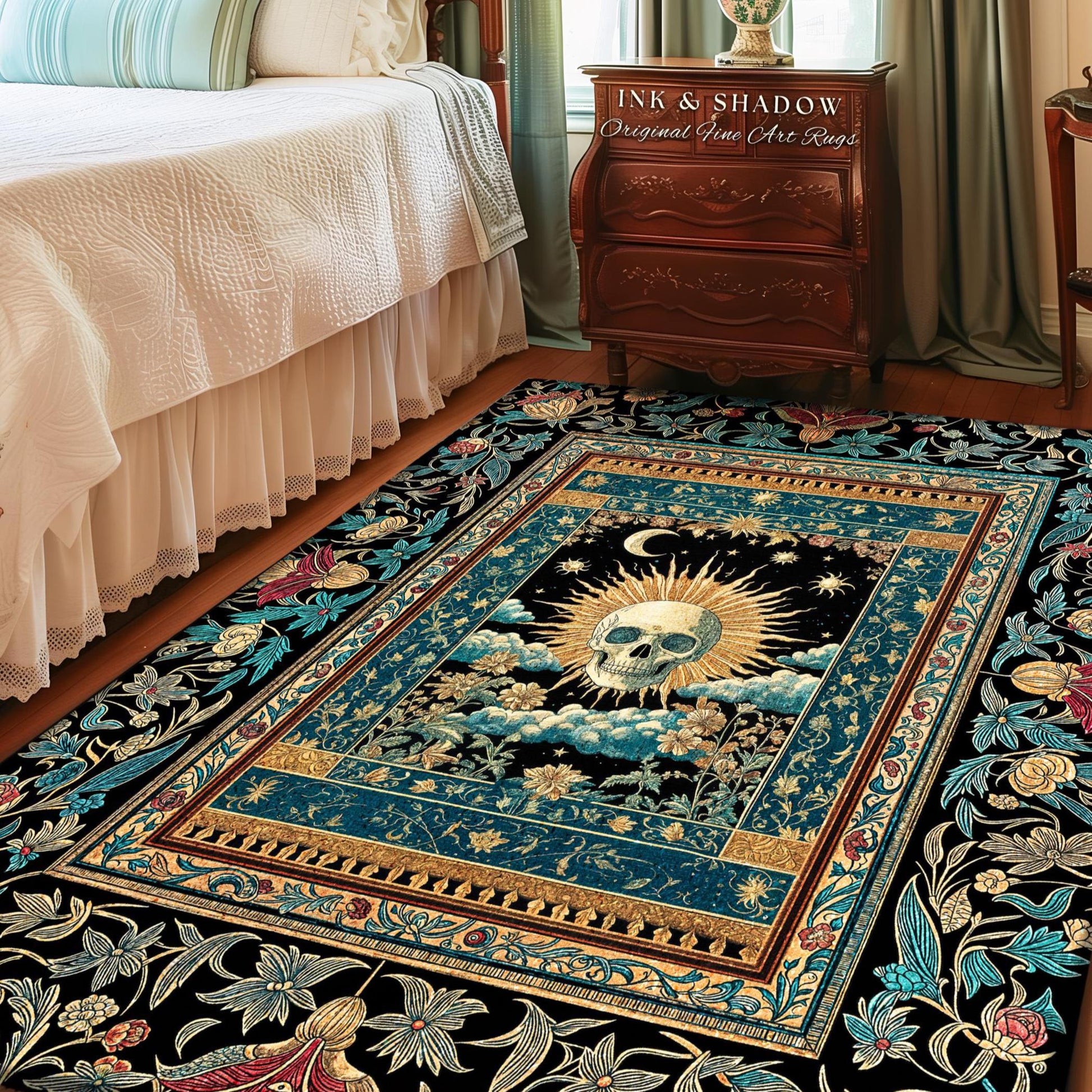 Gothic Bohemian Skull Witchy Area Rug | Wiccan Aesthetic Halloween Vibes Dark Academia Bedroom Baroque Spooky Season Decor Celestial Tarot