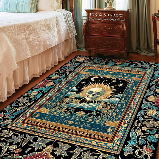 Gothic Bohemian Skull Witchy Area Rug | Wiccan Aesthetic Halloween Vibes Dark Academia Bedroom Baroque Spooky Season Decor Celestial Tarot