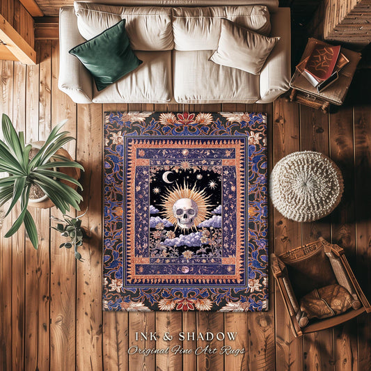 Macabre Witchy Pastel Skull Rug | Gothic Bedroom Skeleton Accent Spooky Aesthetic Dark Enchantment Baroque Whimsigoth Style Decor Celestial
