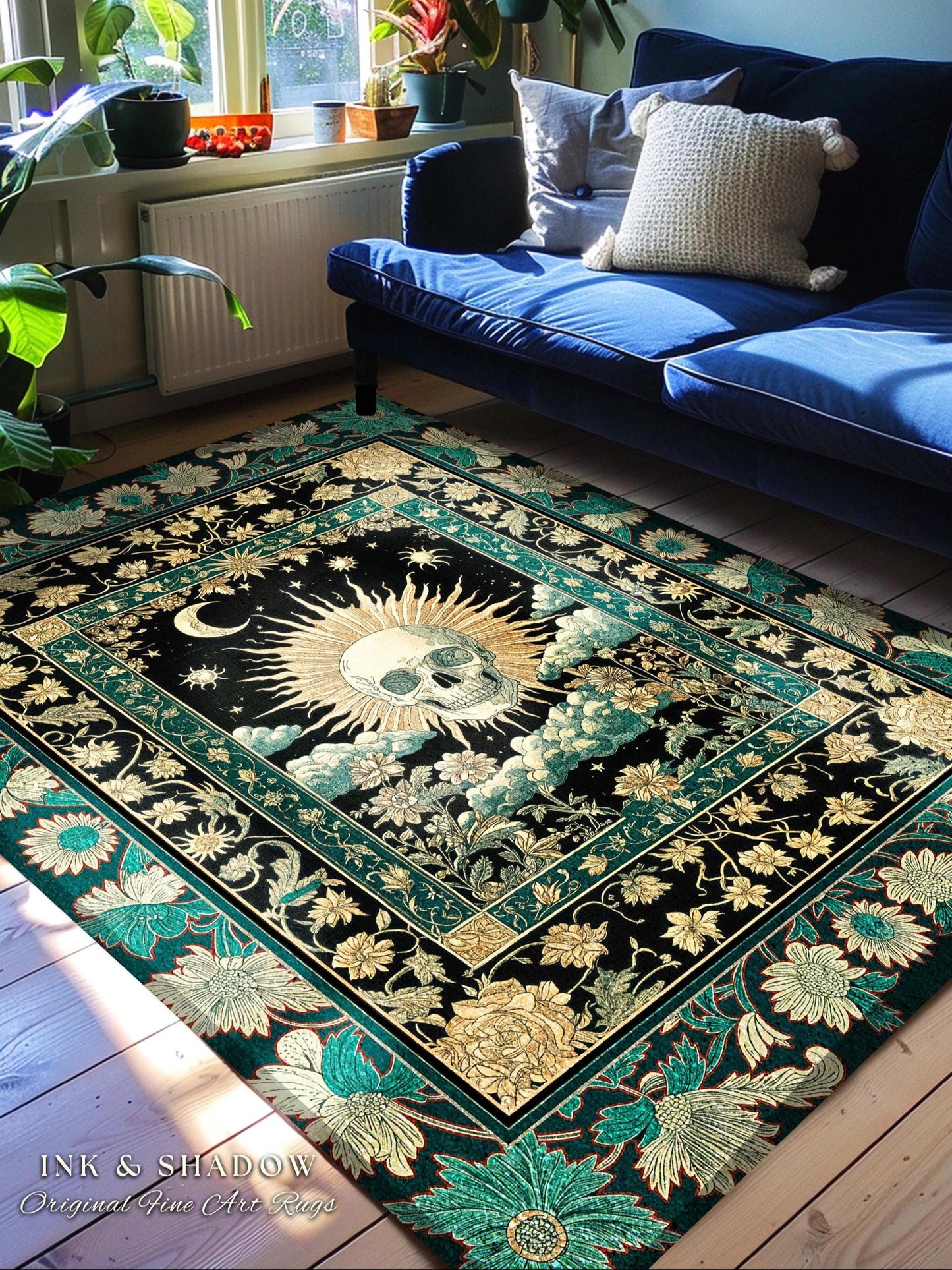 Moody Mystic Skull Boho Area Rug | Macabre Gothic Vintage Fall Bedroom Rug Dark Academia Style Spooky Skeleton Whimsigoth Witchy Aesthetic