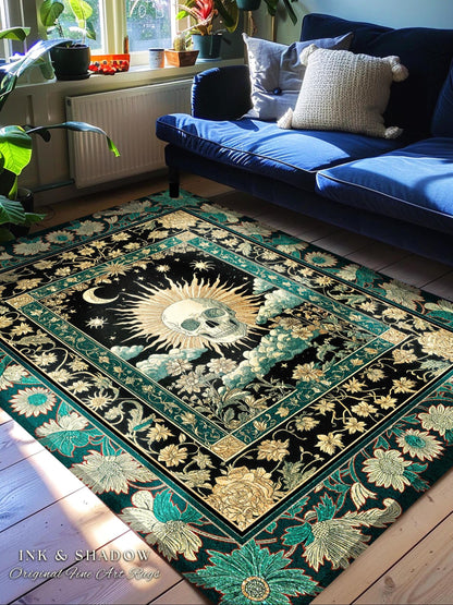 Moody Mystic Skull Boho Area Rug | Macabre Gothic Vintage Fall Bedroom Rug Dark Academia Style Spooky Skeleton Whimsigoth Witchy Aesthetic