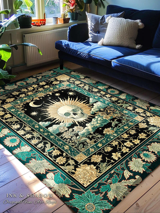 Moody Mystic Skull Boho Area Rug | Macabre Gothic Vintage Fall Bedroom Rug Dark Academia Style Spooky Skeleton Whimsigoth Witchy Aesthetic