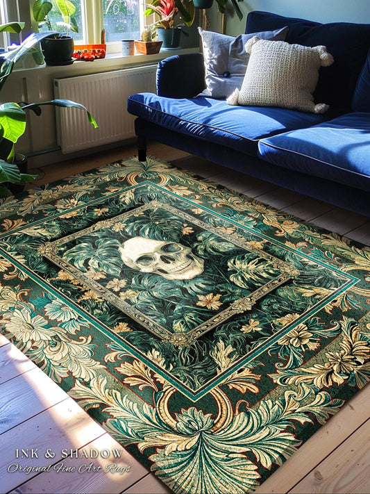 Ornate Baroque Halloween Skull Accent | Goth Aesthetic Fall Decor Spooky Skeleton Area Rug Macabre Retro Witchy Style Bedroom Decor Greenery