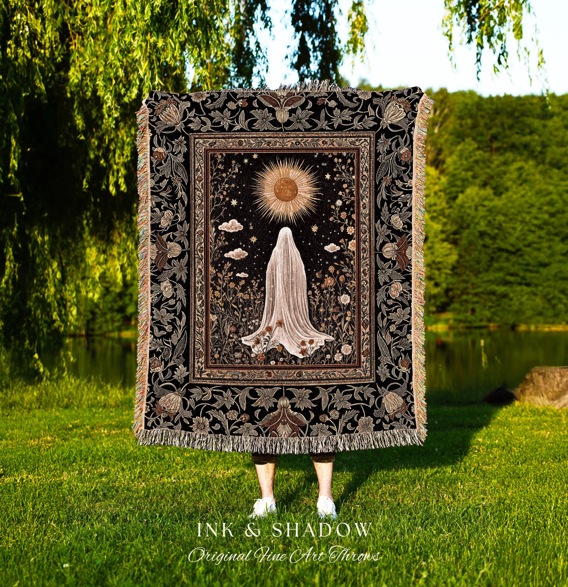 Golden Hour Mystic Ghost Blanket | Autumn Floral Tapestry Woven Throw Halloween Decor Whimsigoth Cottagecore Spirit Home Accent Witchy Theme