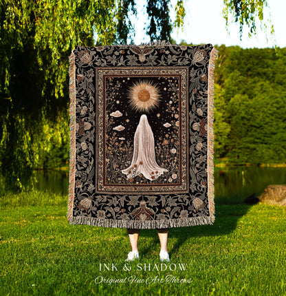 Golden Hour Mystic Ghost Blanket | Autumn Floral Tapestry Woven Throw Halloween Decor Whimsigoth Cottagecore Spirit Home Accent Witchy Theme
