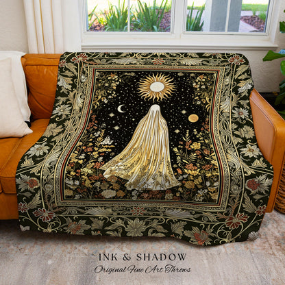 Sun Moon Spirit Ghost Blanket | Floral Halloween Throw Whimsigoth Decor Cottagecore Tapestry Gothic Home Accent Woven Season Botanical Cozy