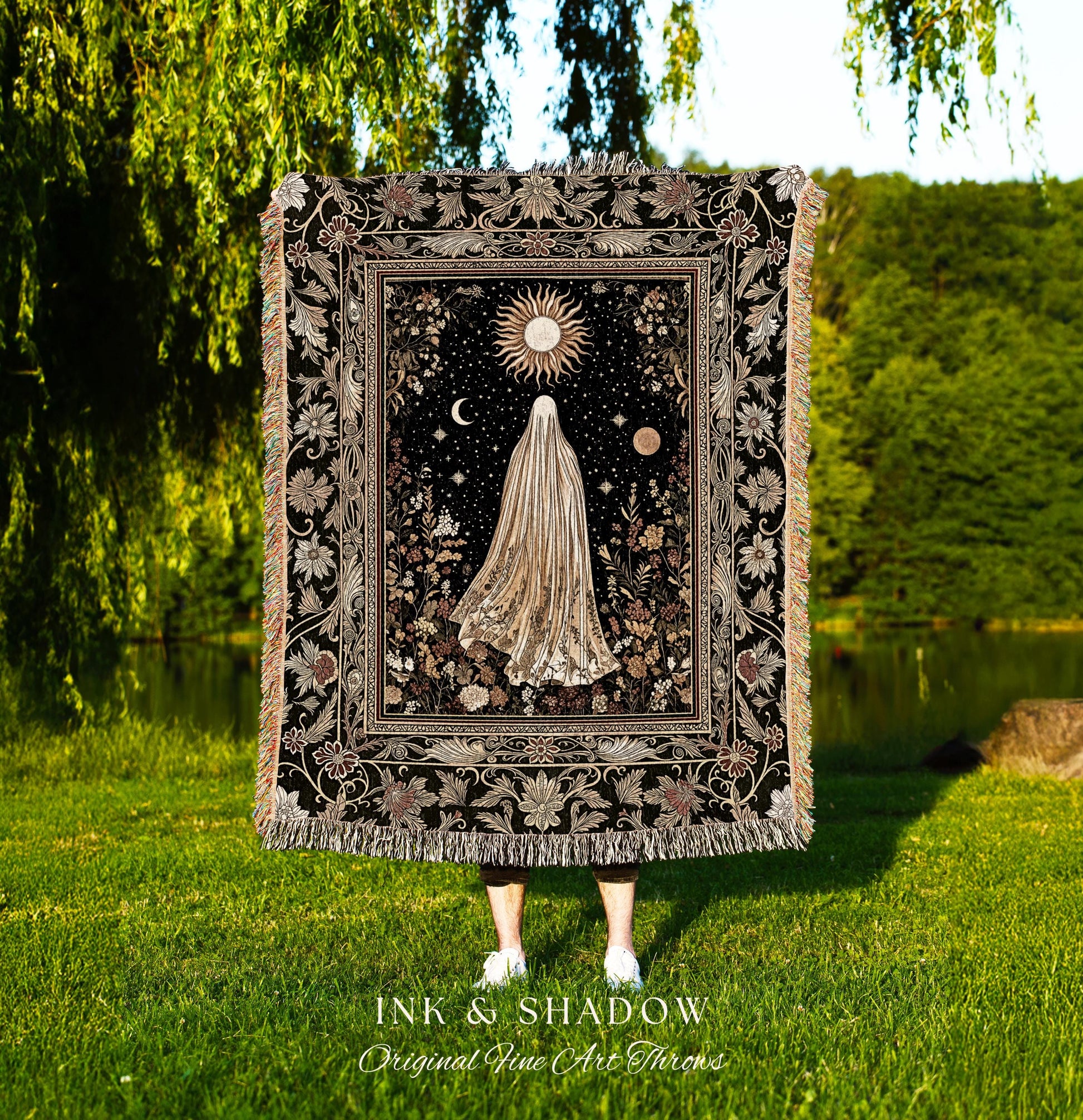 Sun Moon Spirit Ghost Blanket | Floral Halloween Throw Whimsigoth Decor Cottagecore Tapestry Gothic Home Accent Woven Season Botanical Cozy