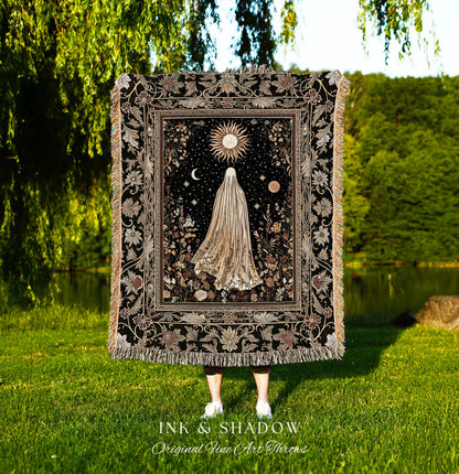 Sun Moon Spirit Ghost Blanket | Floral Halloween Throw Whimsigoth Decor Cottagecore Tapestry Gothic Home Accent Woven Season Botanical Cozy