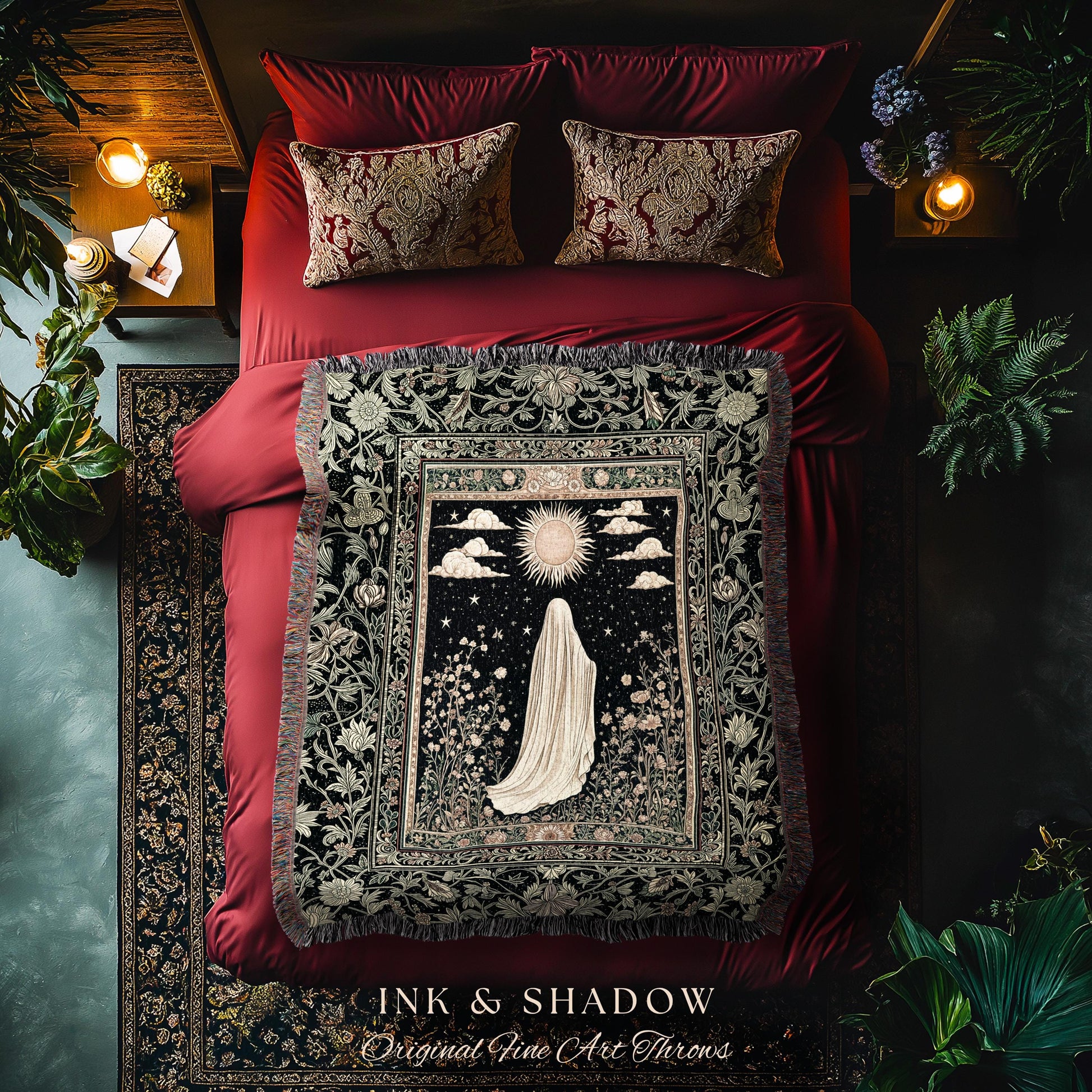 Whimsical Sky Spirit Blanket | Woven Tapestry Ghost Throw Halloween Floral Decor Cottagecore Whimsigoth Accent Botanical Dark Academia Style