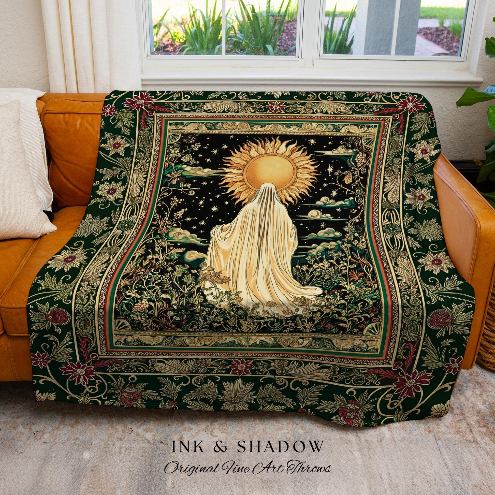Botanical Meadow Ghost Blanket | Baroque Floral Cottagecore Woven Throw Halloween Tapestry Whimsigoth Decor Gothic Accent Tarot Aesthetic |
