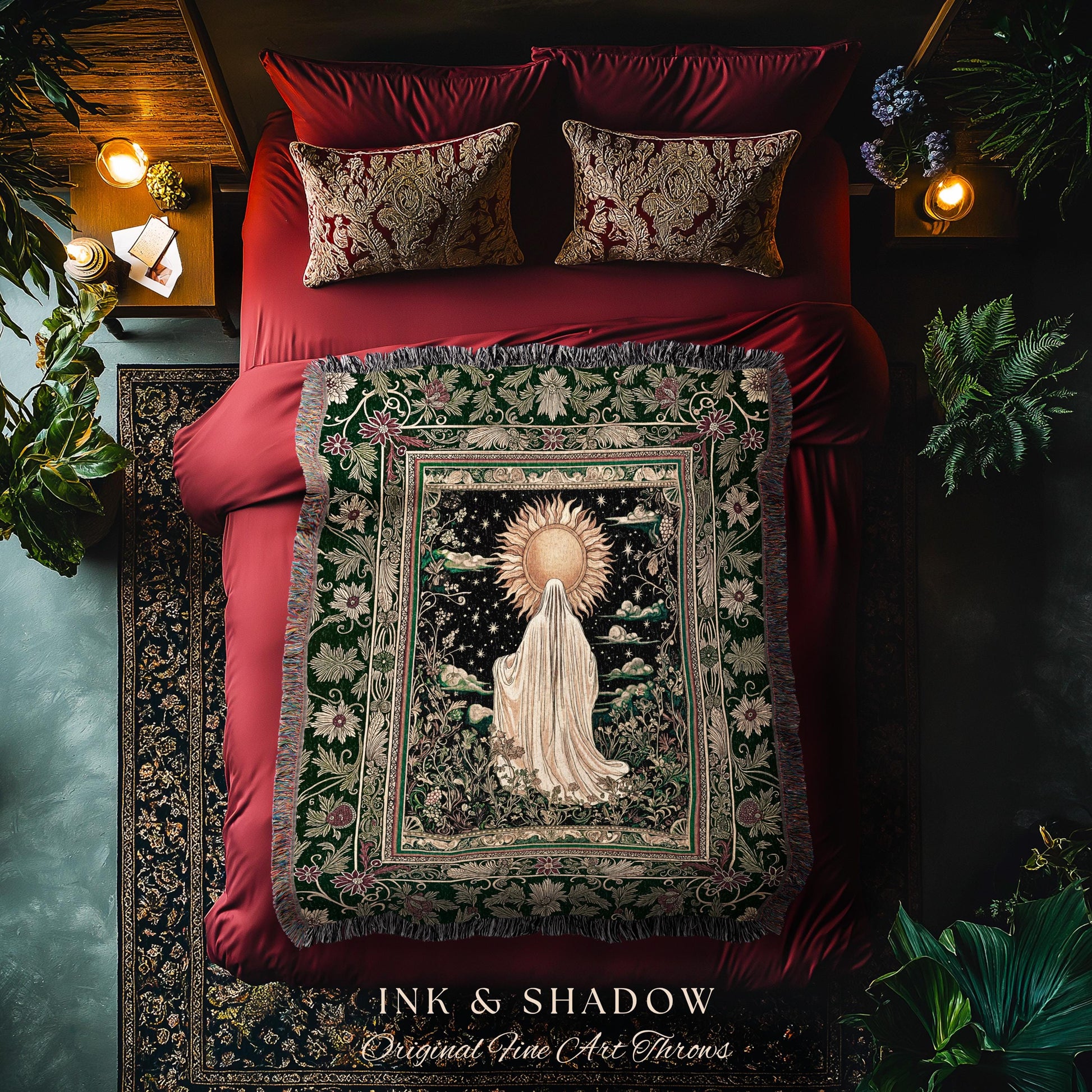 Botanical Meadow Ghost Blanket | Baroque Floral Cottagecore Woven Throw Halloween Tapestry Whimsigoth Decor Gothic Accent Tarot Aesthetic |