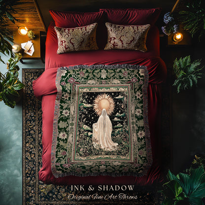 Botanical Meadow Ghost Blanket | Baroque Floral Cottagecore Woven Throw Halloween Tapestry Whimsigoth Decor Gothic Accent Tarot Aesthetic |