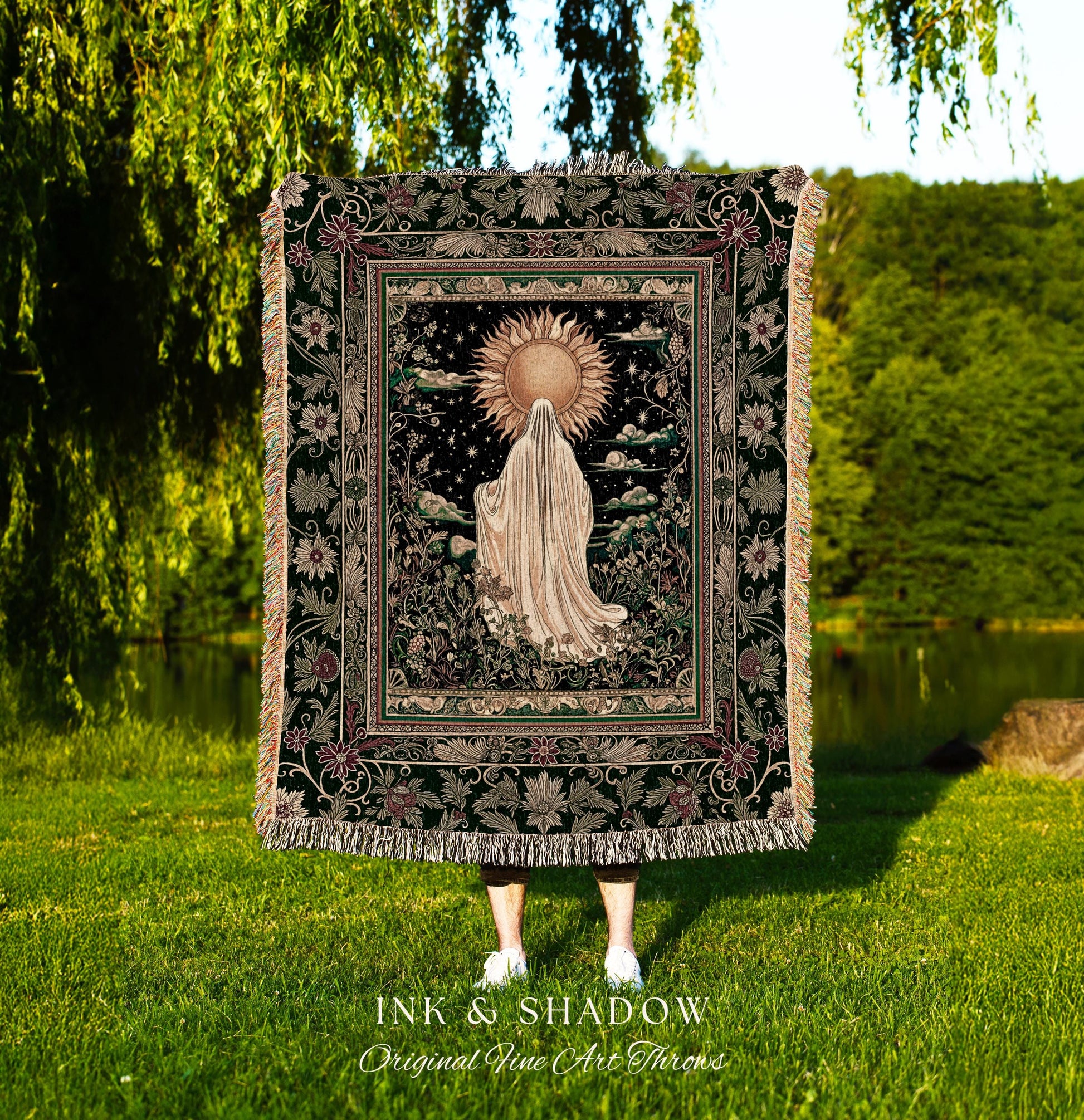 Botanical Meadow Ghost Blanket | Baroque Floral Cottagecore Woven Throw Halloween Tapestry Whimsigoth Decor Gothic Accent Tarot Aesthetic |
