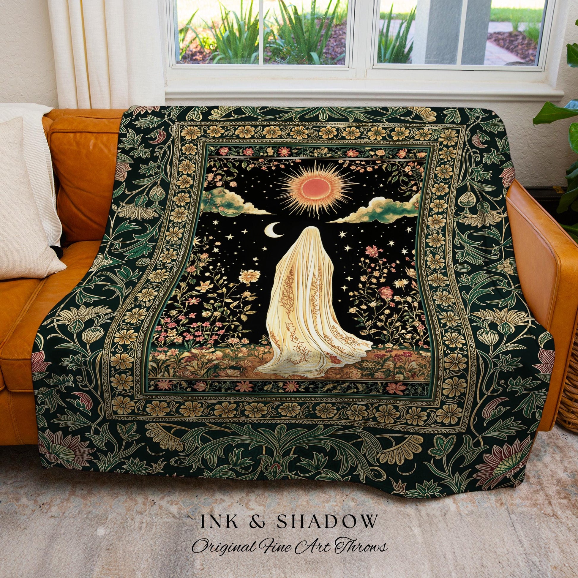 Verdant Sunlit Ghost Cozy Blanket | Floral Cottagecore Halloween Decor Woven Forest Ghost Tapestry Whimsigoth Gothic Throw Art Botanical |